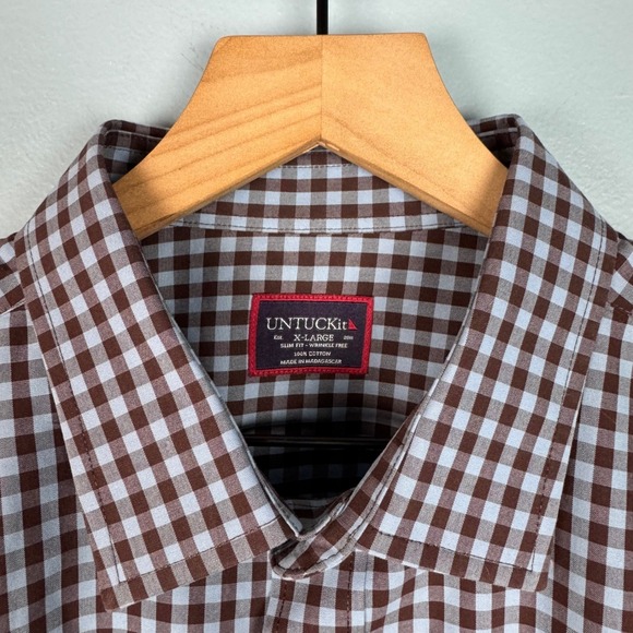 UNTUCKit Men's XL‎ Slim Fit McLaren WF Gingham Button Up Dress Shirt Blue Brown - Picture 3 of 6